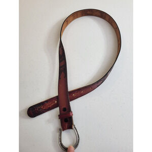 Cowboy Western Belt Brown Genuine Leather Tooled Horse Shoe Buckle Women's Sz 36